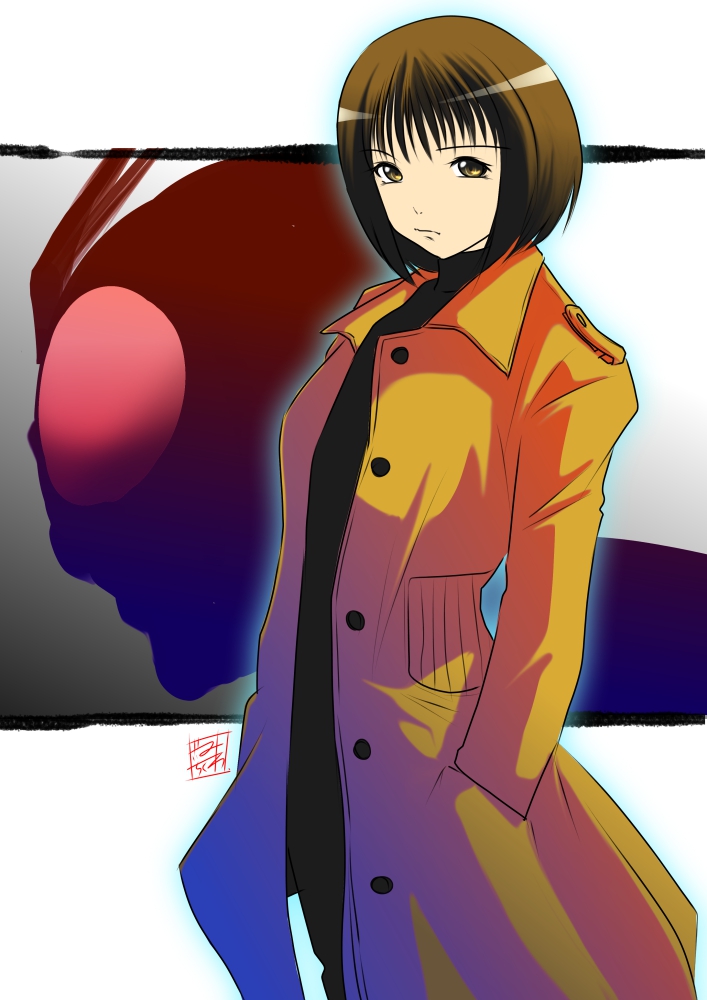 1girl, blue_outline, brown_coat, brown_eyes, brown_hair, buttons, coat, collared_coat