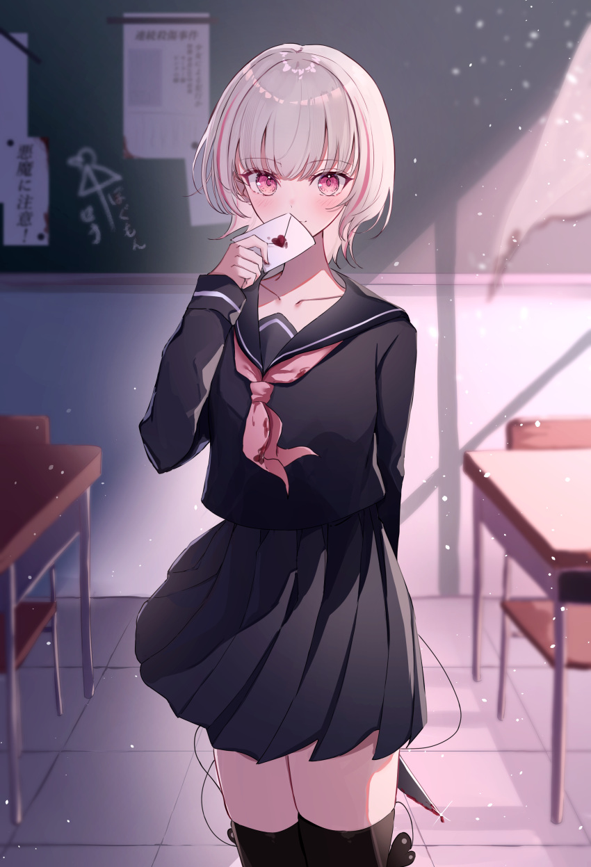 1girl, absurdres, asumi_sena, black_shirt, black_socks, bow, bowtie, chair, chalkboard, desk, grey_hair, hair_between_eyes, hand_on_own_back, hand_up, highres, holding, holding_knife, holding_letter, holding_weapon, kneehighs, knife, letter, long_sleeves, looking_at_viewer, pink_eyes, red_bow, red_bowtie, school_chair, school_desk, school_swimsuit, school_uniform, serafuku, shadow, shirt, short_hair, skirt, snow, socks, sunlight, swimsuit, virtual_youtuber, vspo!, weapon, white_hair, window_shadow