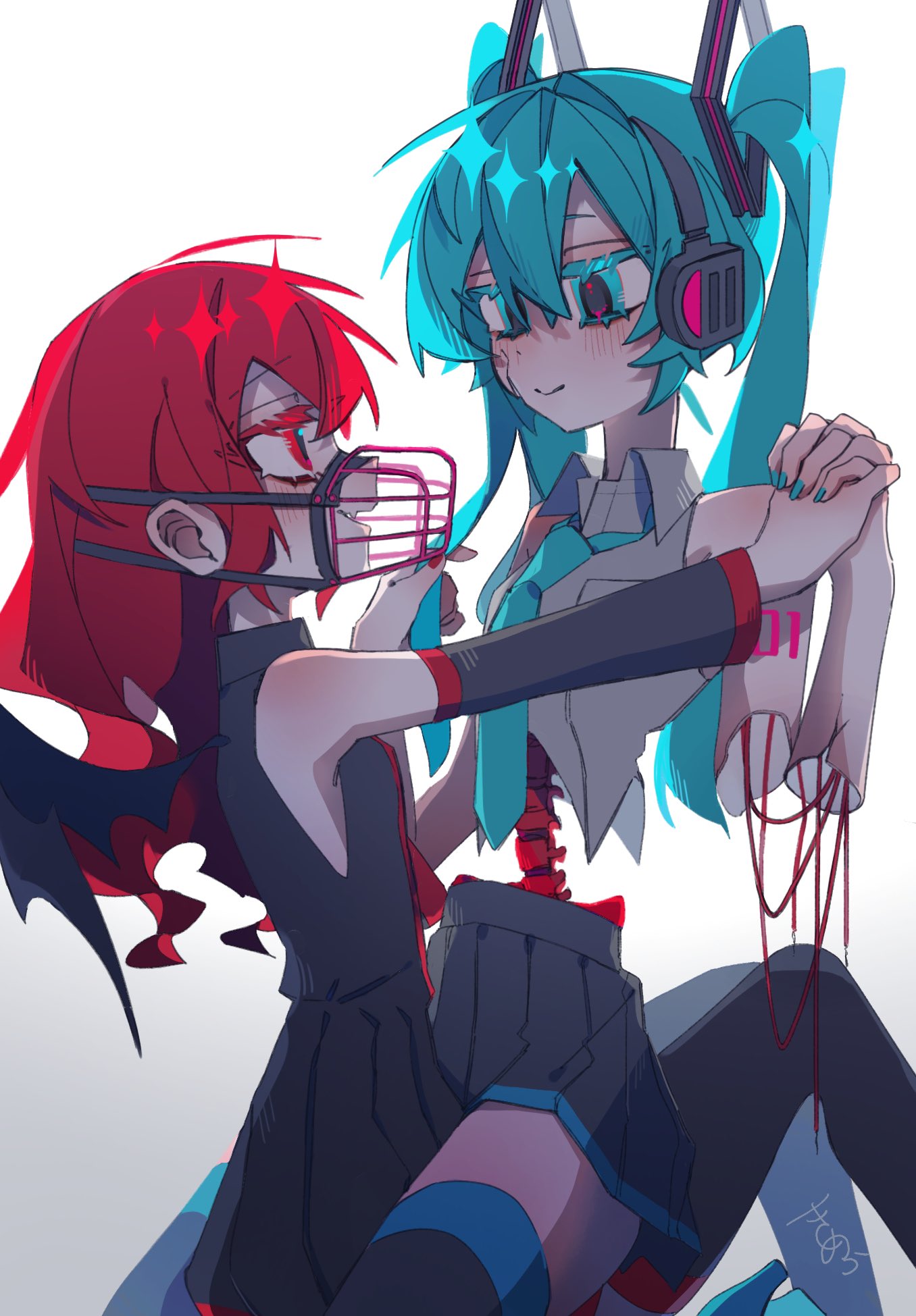 alternate_hairstyle, bat_wings, black_shirt, black_skirt, black_thighhighs, blue_eyes, blue_necktie, blush