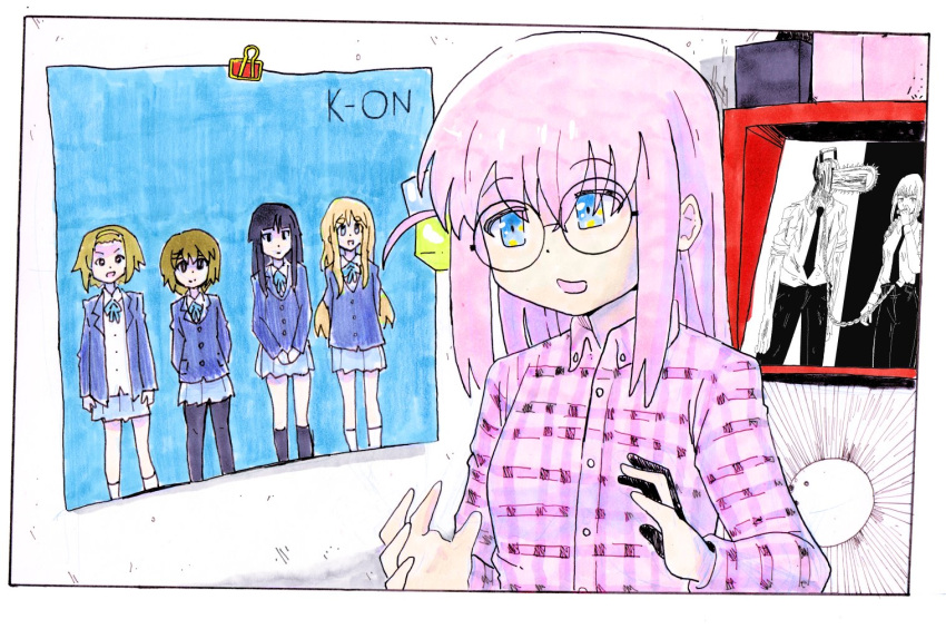 1boy, 6+girls, akiyama_mio, album_cover_redraw, binder_clip, blue_eyes, bocchi_the_rock!, chainsaw_man