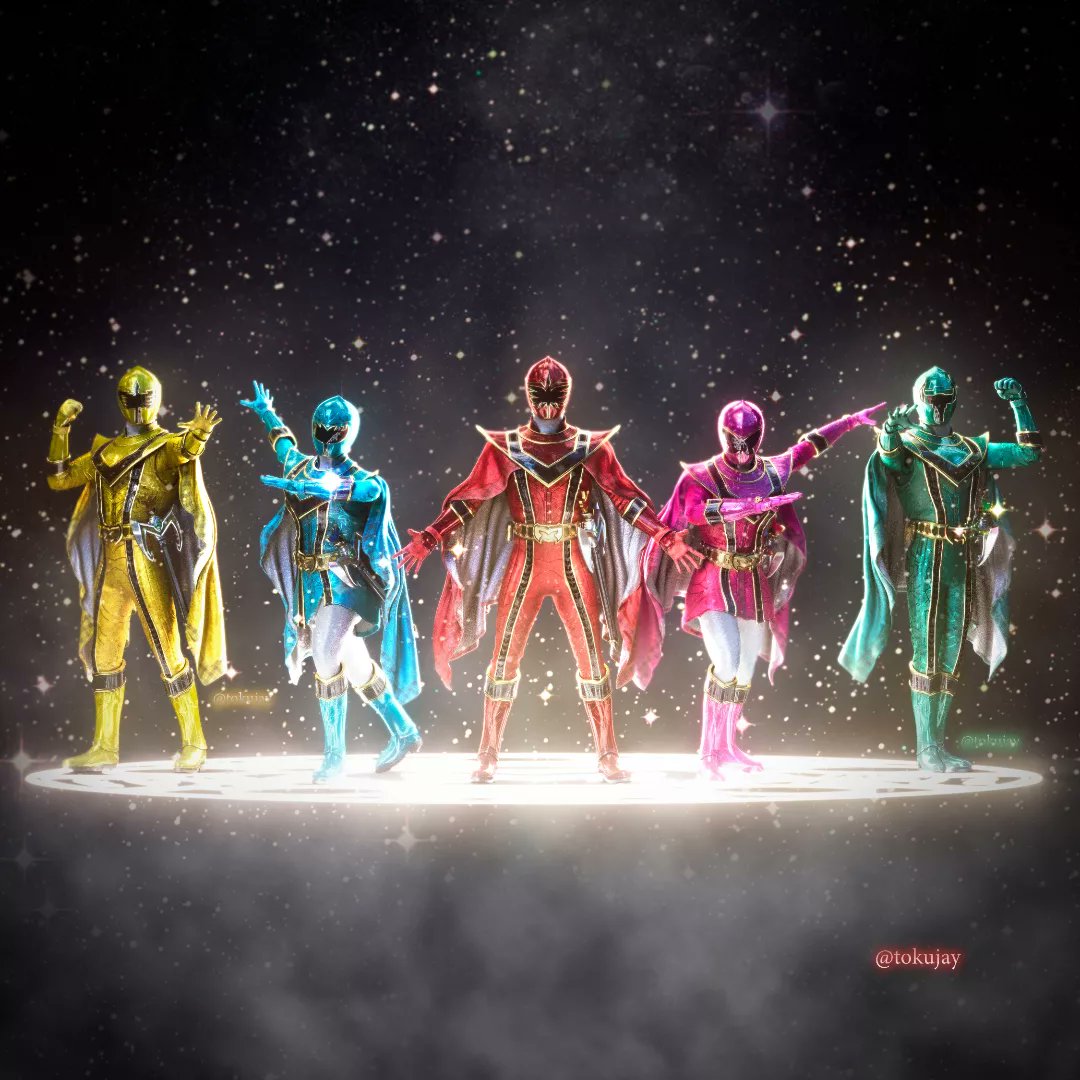 2girls, 3boys, blue_bodysuit, blue_cape, blue_footwear, blue_gloves, blue_helmet, blue_mystic_ranger