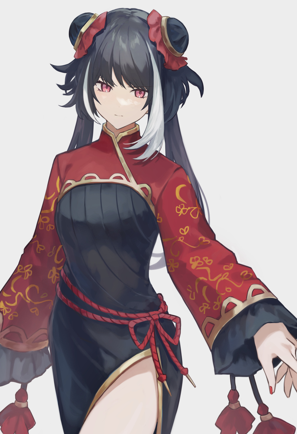 1girl, black_dress, black_hair, china_dress, chinese_clothes, closed_mouth, cowboy_shot, double_bun
