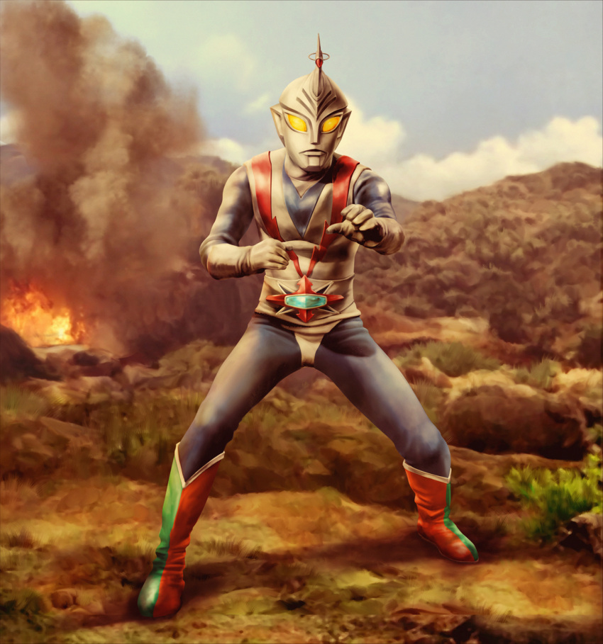 1boy, alien, blue_skin, blue_sky, boots, colored_skin, commentary_request, day
