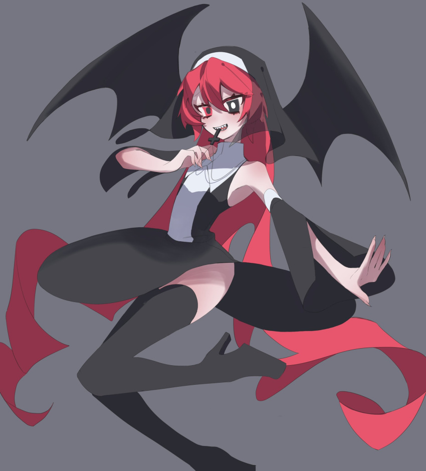 alternate_costume, bare_shoulders, black_sleeves, black_thighhighs, black_veil, boots, cross, detached_sleeves, dress, fingernails, hand_up, high_heel_boots, high_heels, highres, kasane_teto, ksn_htn, long_hair, mouth_hold, nun, outstretched_arm, sharp_fingernails, thigh-highs, thigh_boots, utau, veil, very_long_hair, zettai_ryouiki