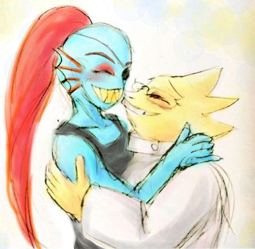 2017, 2d, 2girls, alphys, anthro, black_eyepatch, black_tank_top, blue_skin