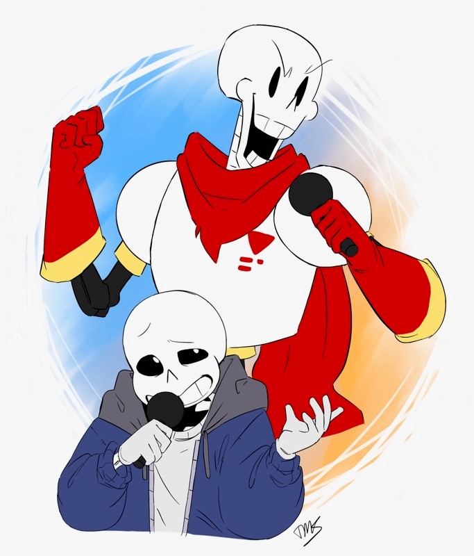 2022, 2boys, 2d, artist_name, brothers, cape, clenched_hand, commentary, digital_media, duo, english_commentary, gloves, hand_up, holding, holding_microphone, humanoid, jacket, male, male_only, microphone, monster, monster_boy, multicolored_background, open_mouth, papyrus_(undertale), red_cape, red_gloves, sans_(undertale), siblings, skeleton, teeth, themidnightsunset, undead, undertale, upper_body, utdr_(toby_fox), white_background, white_gloves