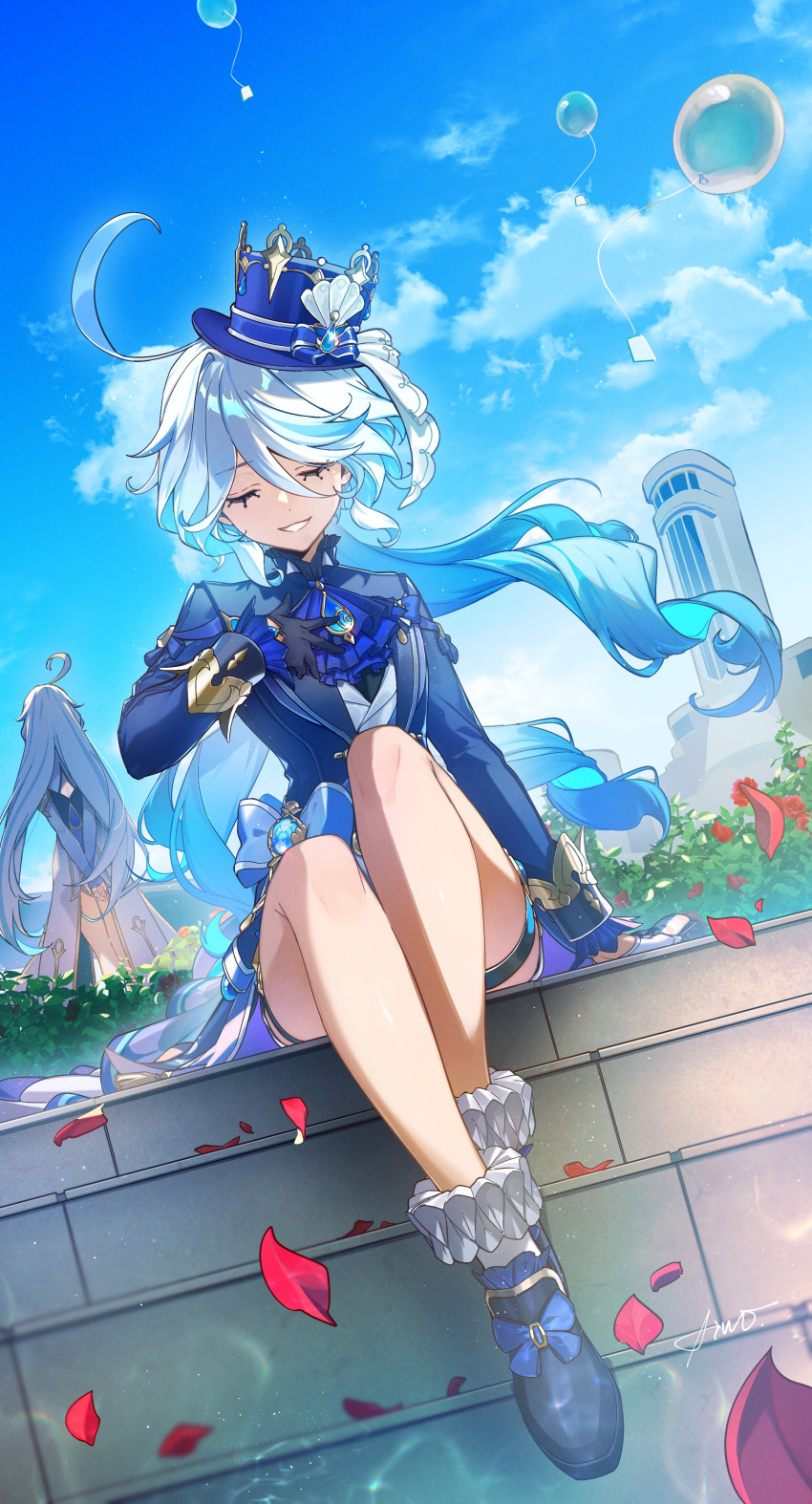 2girls, absurdres, ahoge, aiwo_o_lite, ascot, black_gloves, blue_hair, blue_jacket