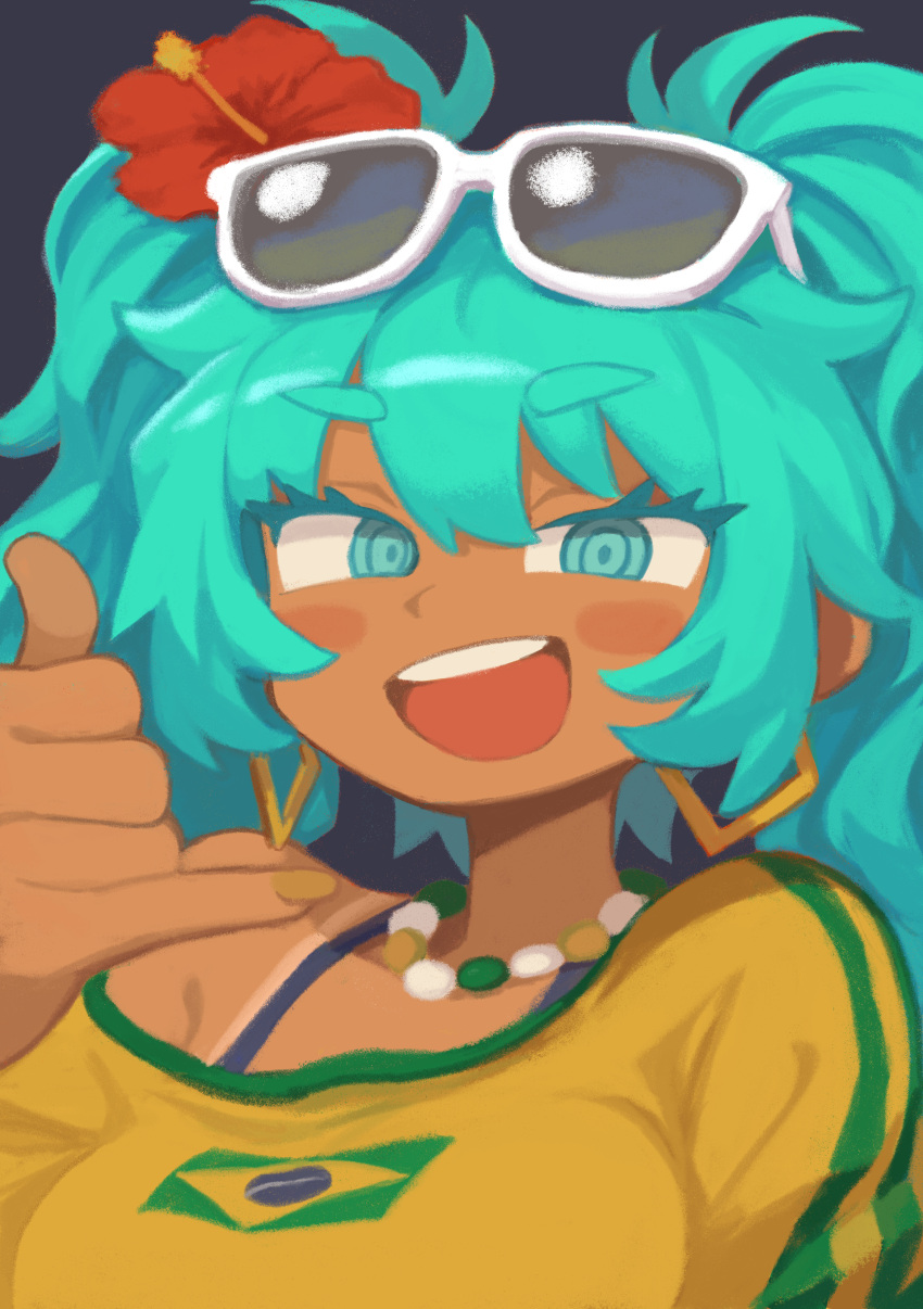 1girl, absurdres, aqua_eyes, aqua_hair, blush, brazilian_flag_print, brazilian_miku, breasts