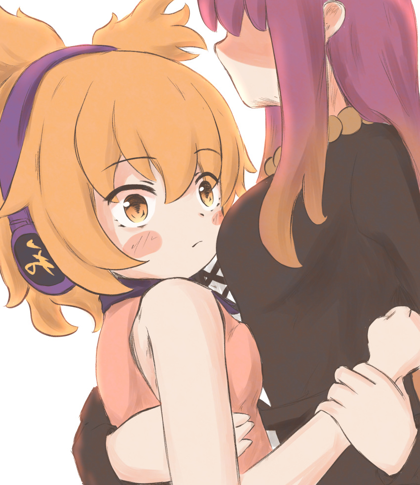 2girls, black_shirt, blonde_hair, blush_stickers, closed_mouth, commentary, english_commentary, headphones, highres, hijiri_byakuren, hug, kokowoch, long_hair, multiple_girls, pink_shirt, purple_hair, shaded_face, shirt, short_hair, simple_background, sleeveless, sleeveless_shirt, touhou, toyosatomimi_no_miko, upper_body, white_background, yellow_eyes, yuri