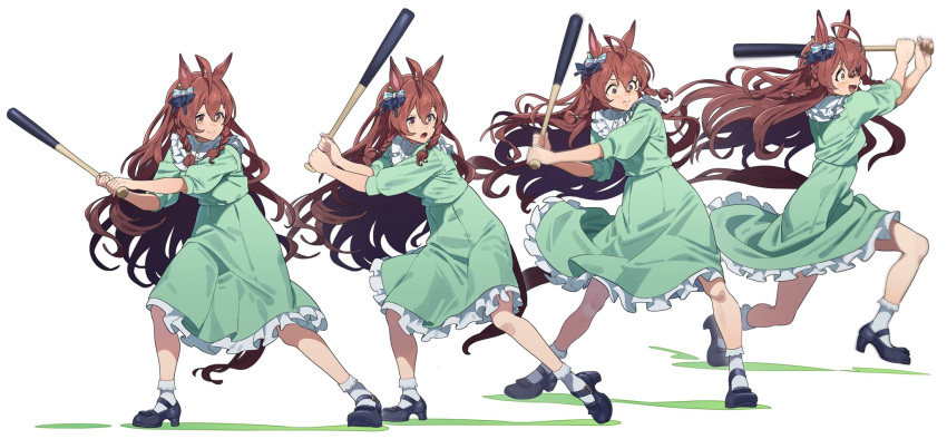 1girl, ahoge, animal_ears, baseball_bat, breasts, brown_eyes, brown_hair, casual