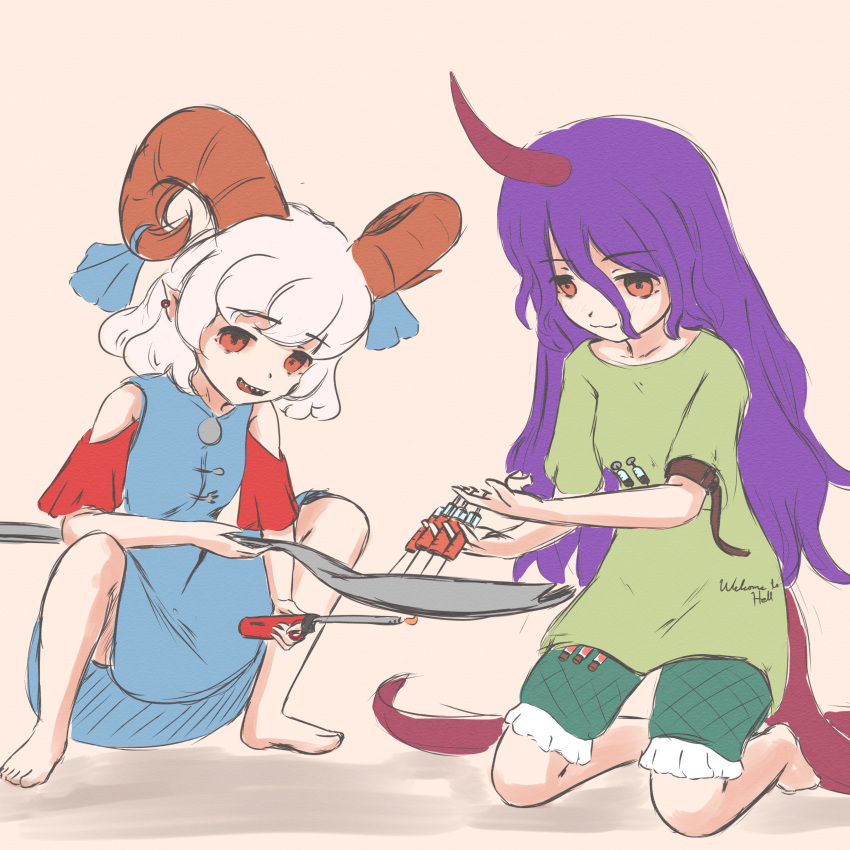 2girls, absurdres, bare_shoulders, barefoot, blue_dress, blue_ribbon, closed_mouth, clothes_writing
