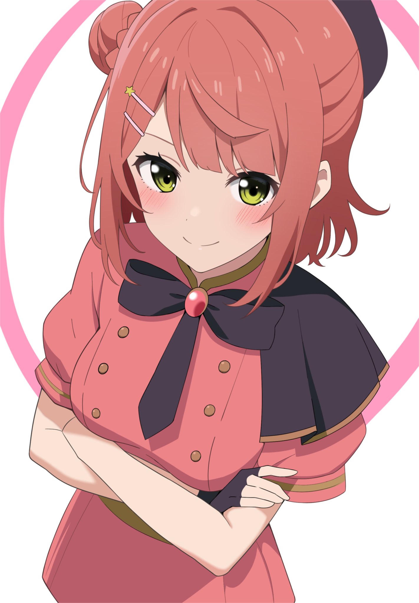 1girl, black_capelet, black_gloves, black_hat, black_necktie, black_ribbon, blunt_bangs, blush