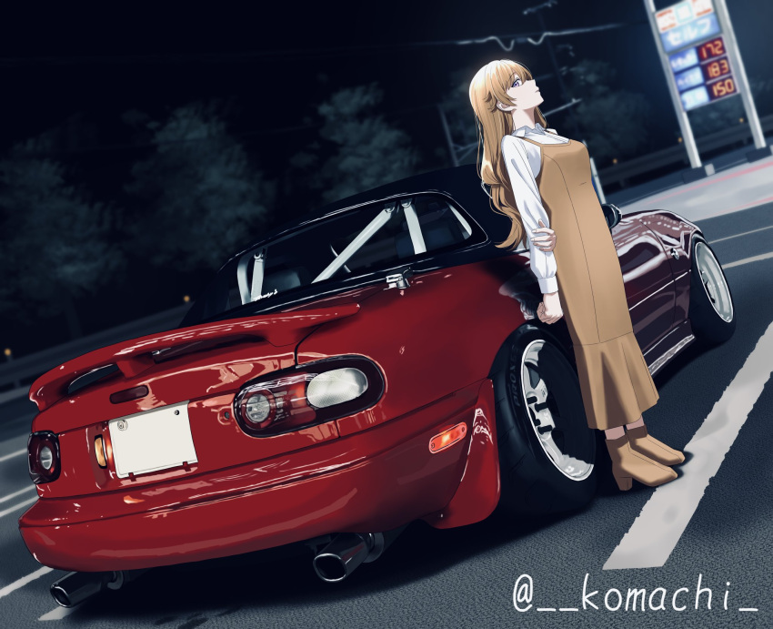 1girl, boots, brown_dress, brown_footwear, brown_hair, car, closed_mouth, collared_shirt
