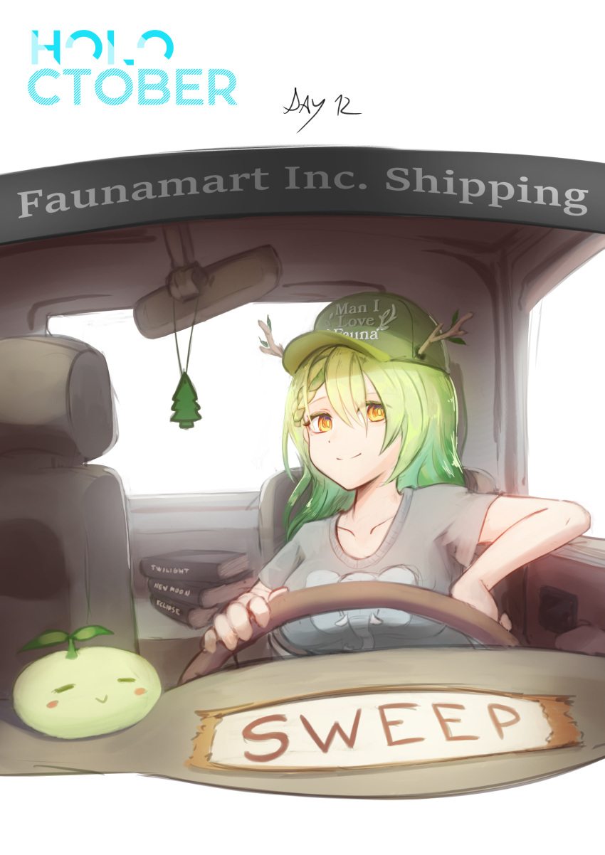 1girl, absurdres, air_freshener, allister_vinris, alternate_costume, animal_print, antlers, baseball_cap