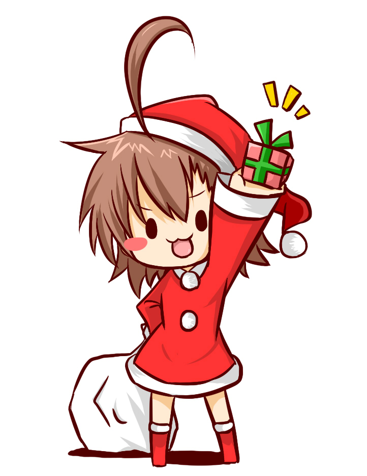 ahoge, blush_stickers, boots, brown_hair, chibi, christmas, gift, hat