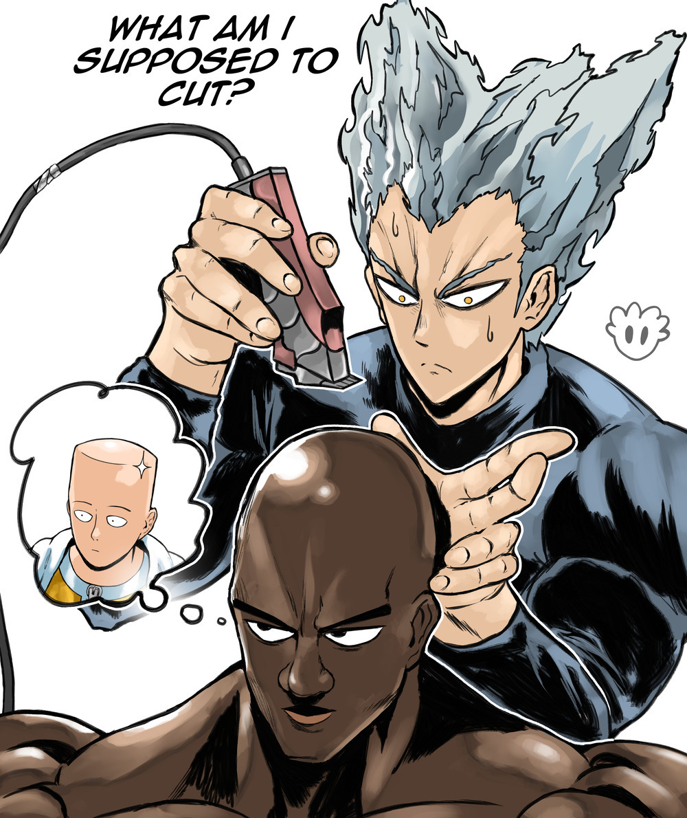 3boys, bald, choso_giving_toudou_a_haircut_(meme), chougoukin_kurobikari, commentary, dark-skinned_male, dark_skin, devovas, english_commentary, english_text, frown, garou_(one-punch_man), grey_hair, hair_clipper, hair_horns, holding, male_focus, meme, multiple_boys, muscular, muscular_male, one-punch_man, saitama_(one-punch_man), shiny_skin, signature, smile, thought_bubble, v-shaped_eyebrows, very_dark_skin, widow's_peak, yellow_eyes