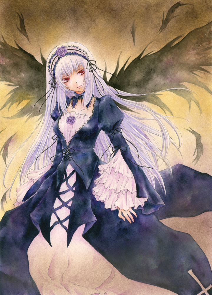 dress, hairband, long_hair, pastel_(medium), red_eyes, rozen_maiden, suigintou, traditional_media