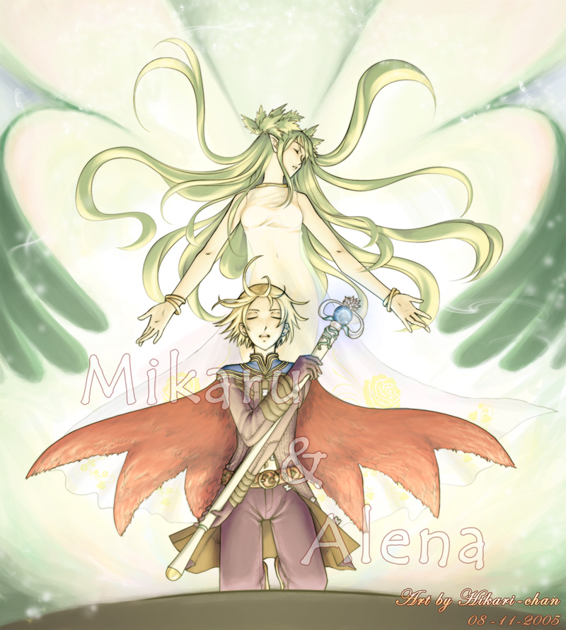 1boy, 1girl, 2000s_(style), alchemist_(ragnarok_online), blonde_hair, blue_cape, breasts, brown_coat