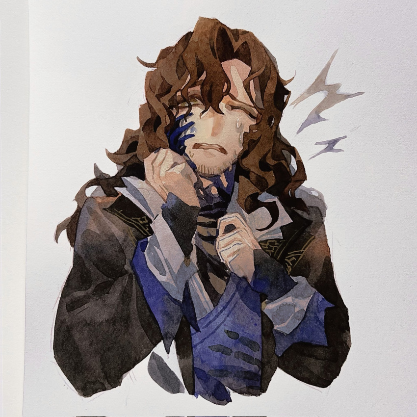 1boy, ;o, beard_stubble, black_jacket, black_shirt, brown_eyes, brown_hair, chuyhalfmoon