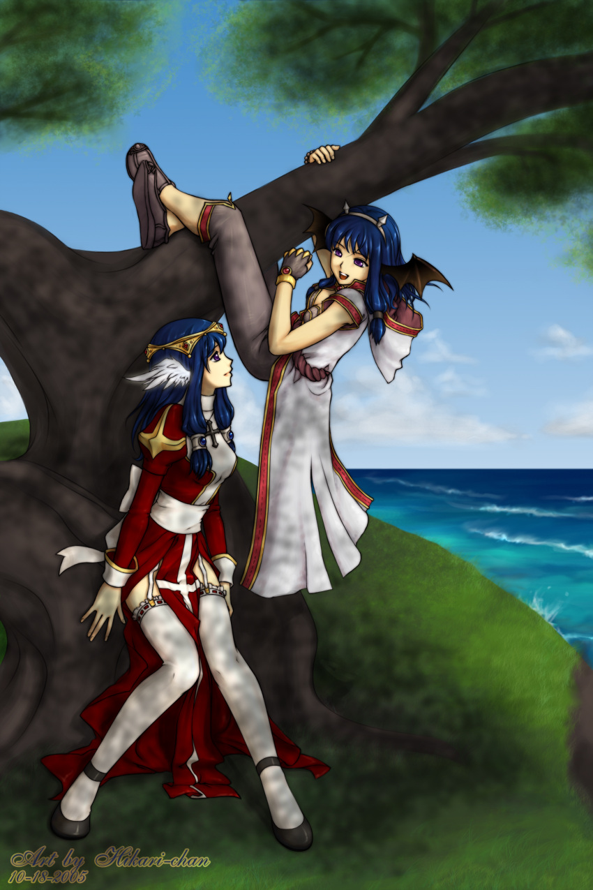 2000s_(style), 2girls, absurdres, artist_name, back_bow, black_footwear, black_wings, blue_hair