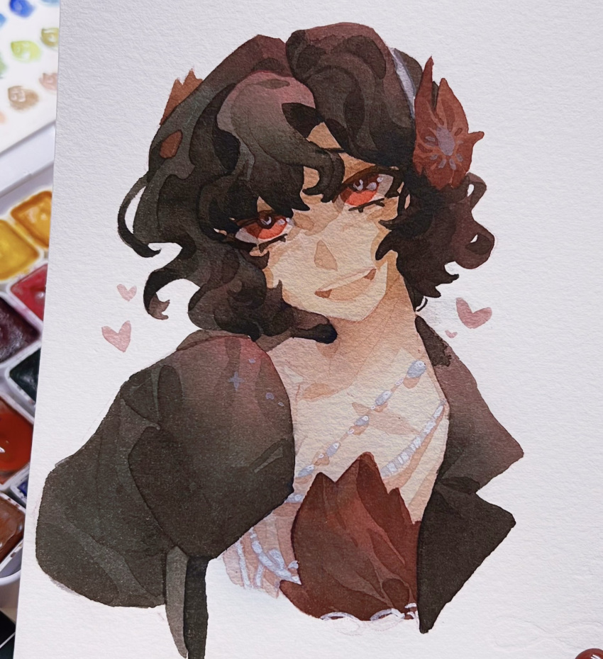 1girl, :d, black_coat, black_hair, chuyhalfmoon, coat, cropped_torso, dress