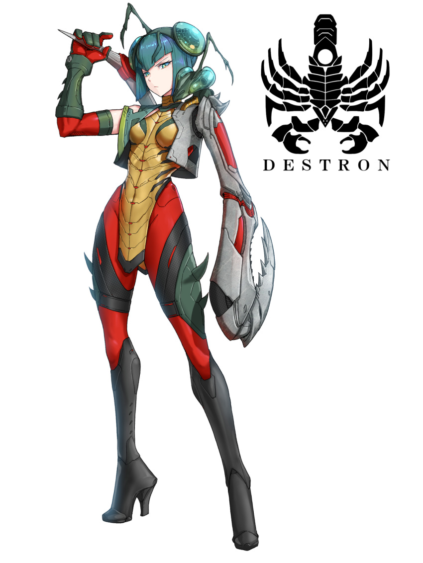 1girl, arthropod_girl, blue_eyes, bodysuit, boomerang, boots, commentary, cyborg