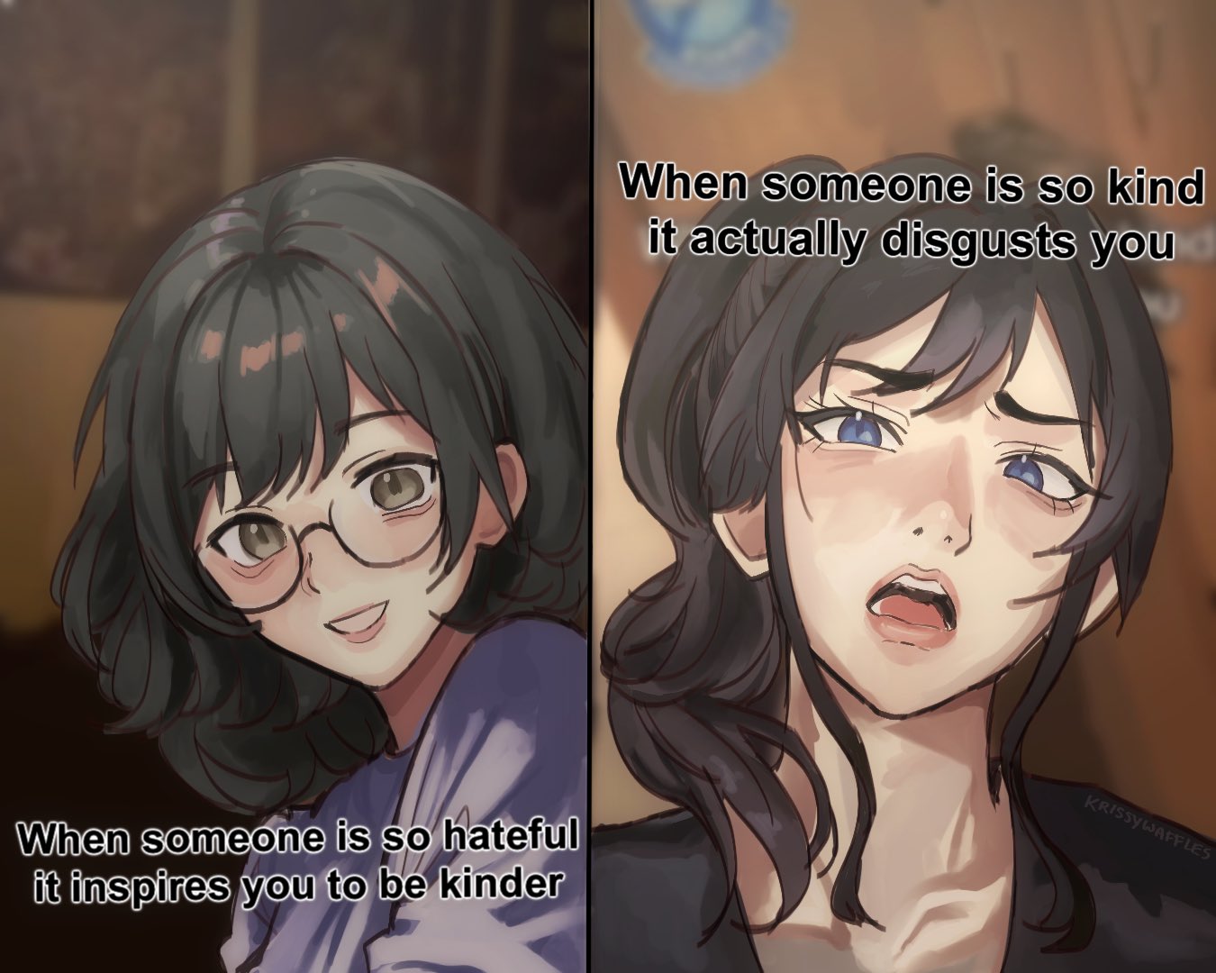 2girls, black_hair, black_shirt, blue_eyes, class_of_09, disgust, english_commentary, english_text