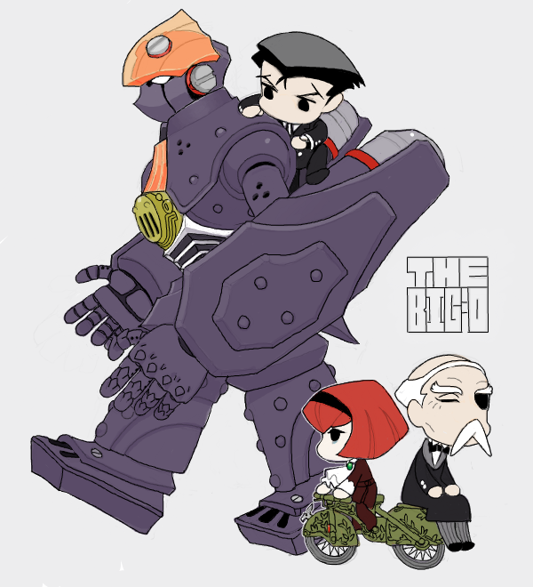 1girl, 2boys, balding, bicycle, big_o_(mecha), black_eyes, black_hair, black_hairband