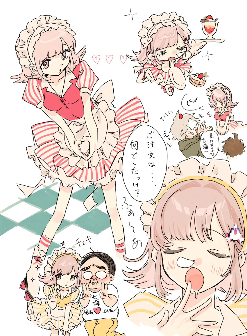 1girl, 3boys, alternate_costume, breasts, brown_hair, danganronpa_(series), danganronpa_2:_goodbye_despair, double_v