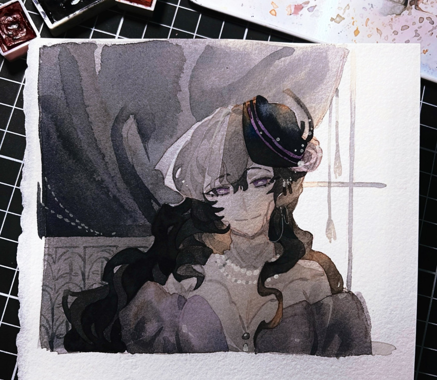 1girl, bare_shoulders, black_hair, black_hat, chuyhalfmoon, closed_mouth, curtains, dress