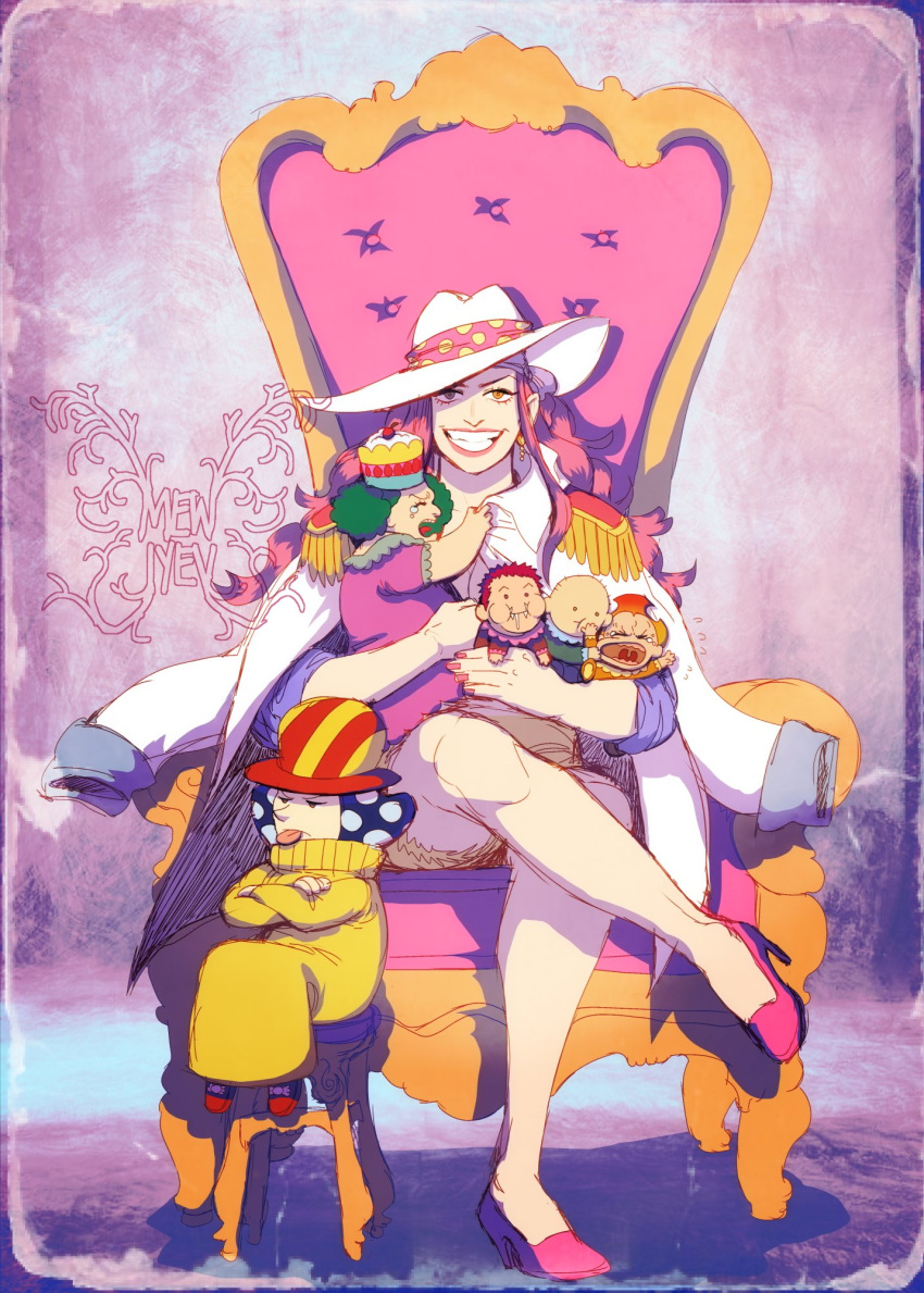 2girls, 4boys, artist_logo, bald, blue_hair, charlotte_compote, charlotte_daifuku, charlotte_katakuri