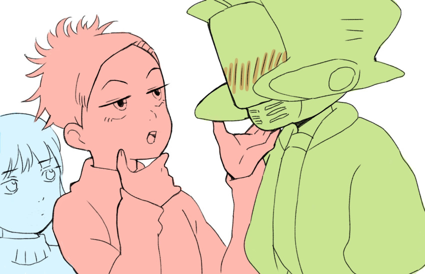 1boy, 2girls, blush, canti, closed_mouth, commentary, flcl, gan2, hair_ornament, hairclip, half-closed_eyes, highres, long_hair, miyaji_junko, multiple_girls, ninamori_eri, open_mouth, robot, short_hair, simple_background, sweater, white_background