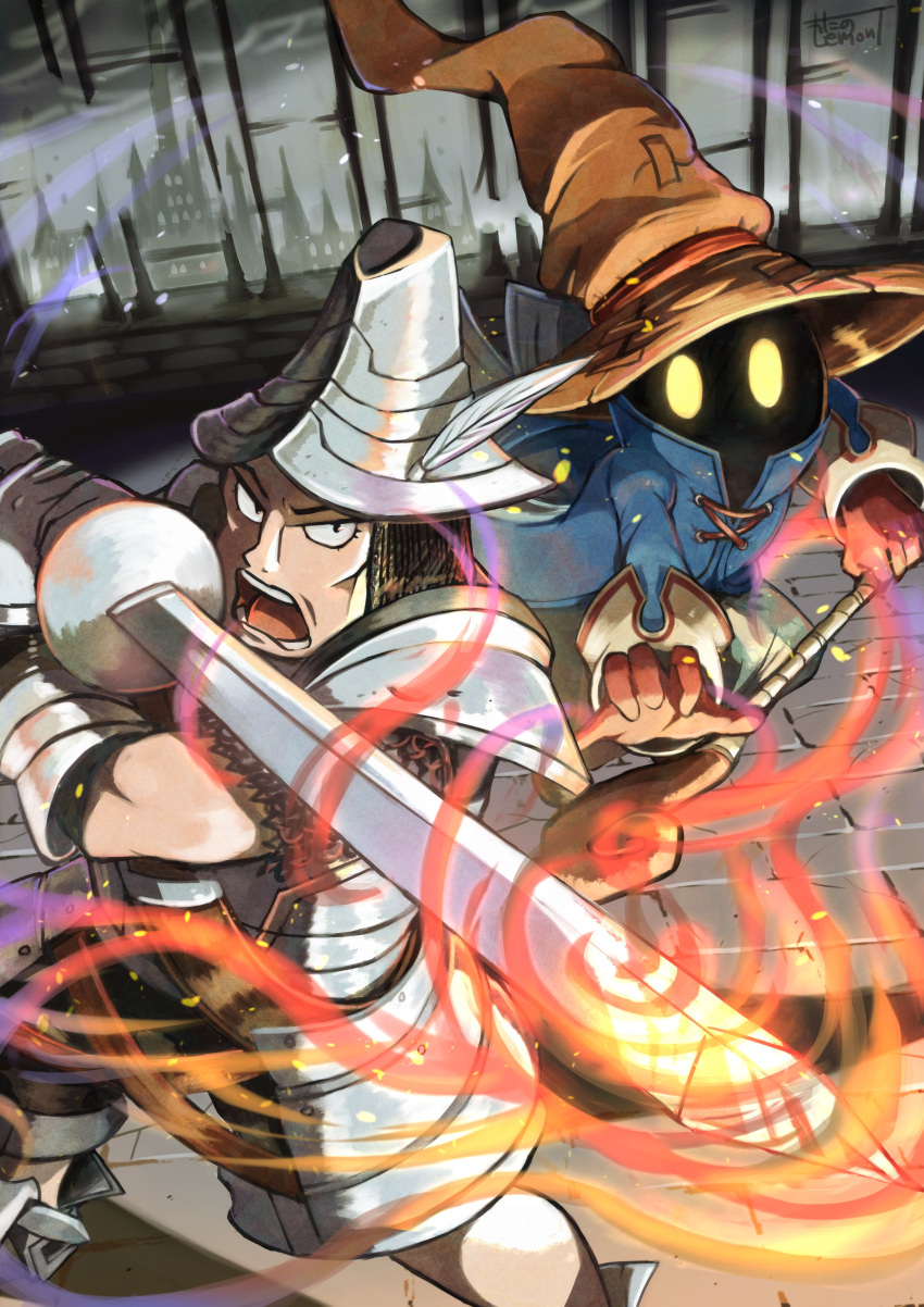 2boys, absurdres, adelbert_steiner, armor, armored_boots, black_eyes, black_mage_(final_fantasy), blue_coat