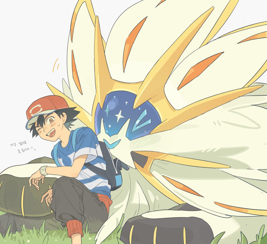 >_<, 1boy, absurdres, ash_ketchum, backpack, bag, baseball_cap, black_hair