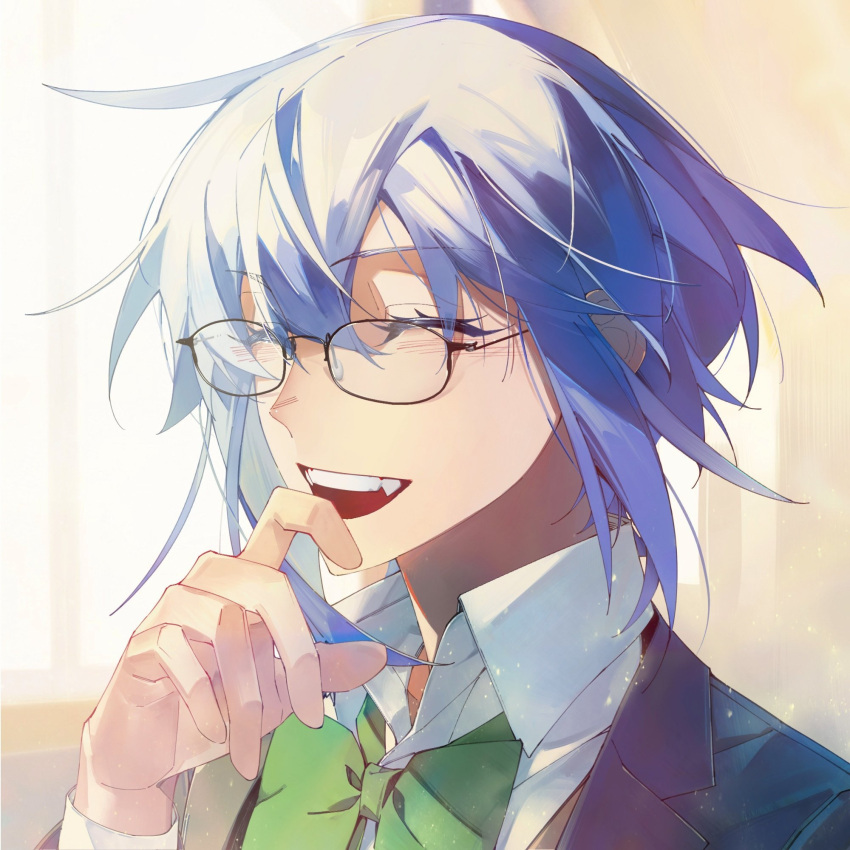 1girl, blue_hair, bow, ciel_(tsukihime), closed_eyes, glasses, highres, open_mouth