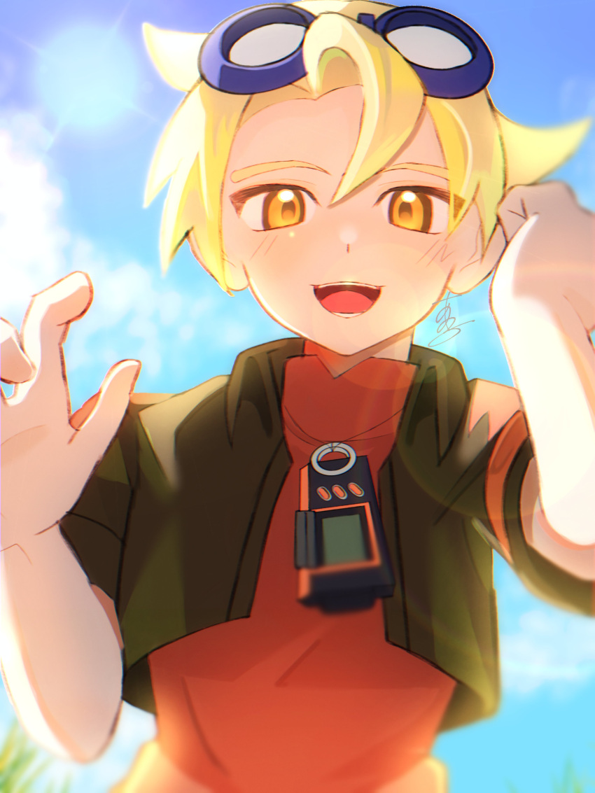 1boy, absurdres, black_jacket, blonde_hair, cropped_jacket, digimon_story:_sunburst_and_moonlight, digivice_burst, goggles