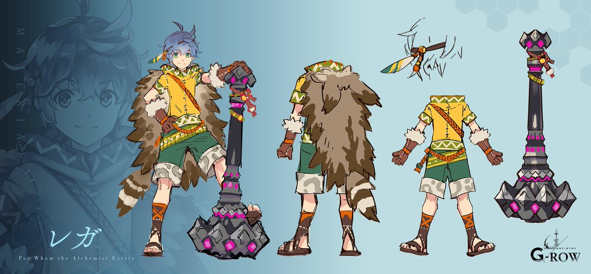 1boy, ahoge, aqua_background, blue_hair, brown_gloves, character_name, closed_mouth, commentary_request