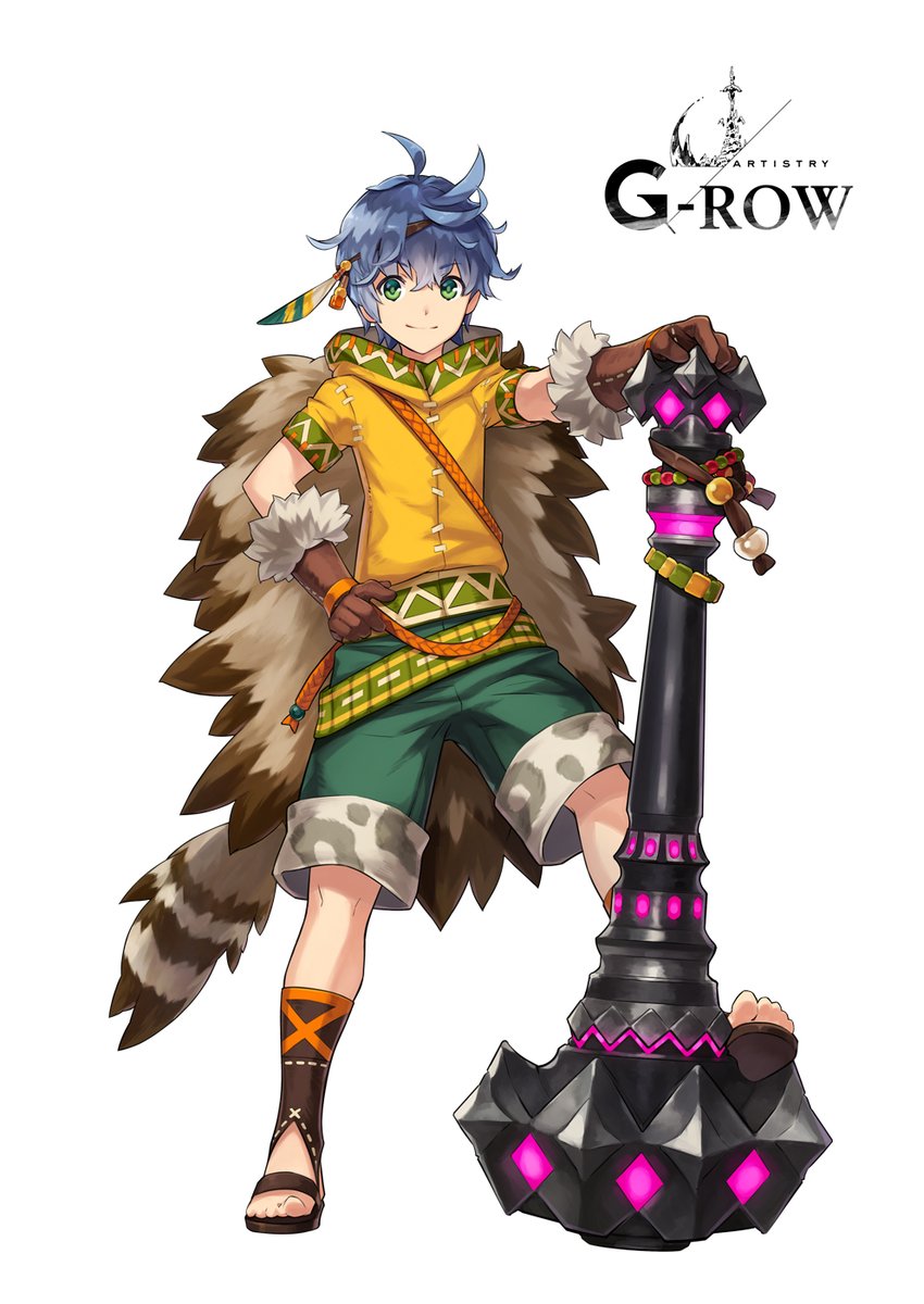 1boy, ahoge, blue_hair, brown_gloves, closed_mouth, commentary_request, dare_ga_tame_no_alchemist, full_body, g-row, gloves, green_eyes, green_shorts, highres, hood, hood_down, hoodie, huge_weapon, lega_(dare_ga_tame_no_alchemist), mace, male_focus, official_art, second-party_source, short_hair, short_sleeves, shorts, simple_background, smile, solo, weapon, white_background, yellow_hood, yellow_hoodie