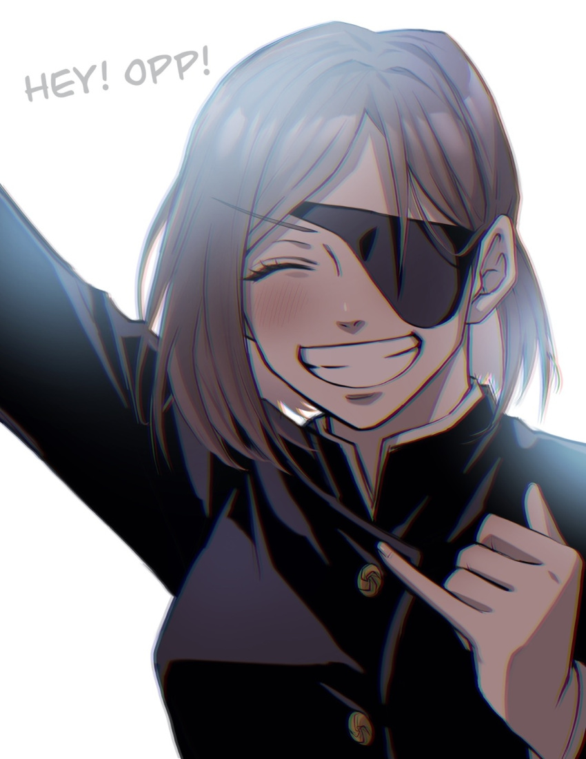 1girl, arm_up, backlighting, black_jacket, breasts, brown_hair, chromatic_aberration, closed_eyes