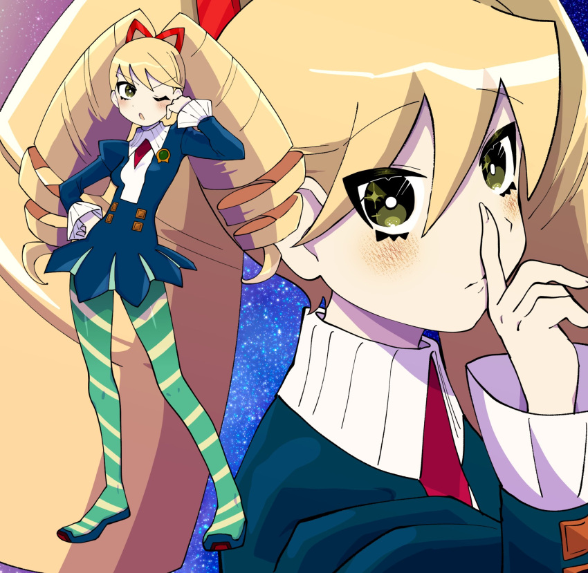 1girl, blonde_hair, blue_dress, close-up, dress, drill_hair, full_body, green_pantyhose, highres, koshianpancake, long_hair, luna_platz_(mega_man), mega_man_(series), mega_man_battle_network_(series), mega_man_star_force_(series), multiple_views, pantyhose, star_(sky), twin_drills, twintails