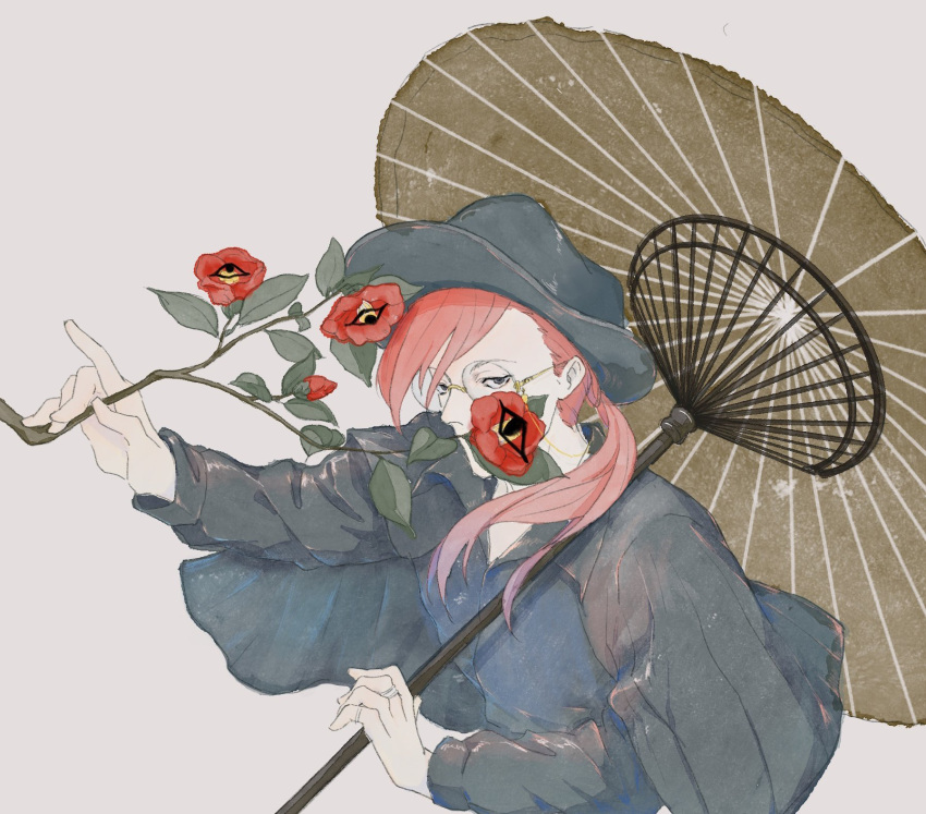 1boy, arakisoma333, black_hat, black_jacket, blue_shirt, branch, camellia_(cametek), camellia_(musician), eyewear_strap, flower, grey_background, grey_eyes, hat, highres, holding, holding_branch, holding_umbrella, jacket, jewelry, male_focus, multiple_rings, oil-paper_umbrella, ponytail, red_flower, ring, round_eyewear, shirt, solo, umbrella, upper_body