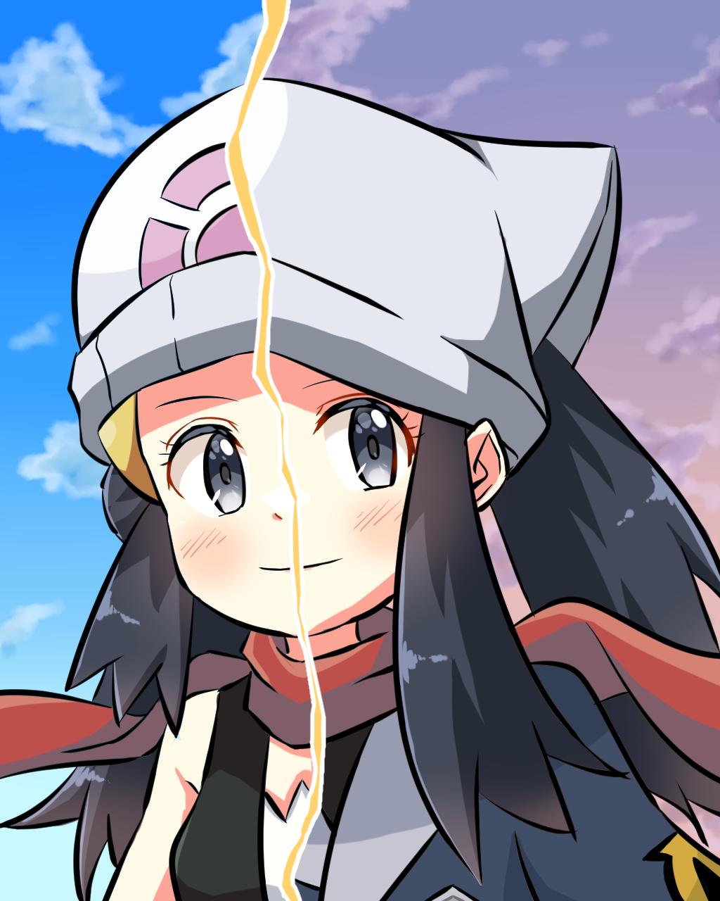 2girls, akari_(pokemon), beanie, black_shirt, blush, closed_mouth, clouds, cocoa_(p_cocoa_f)
