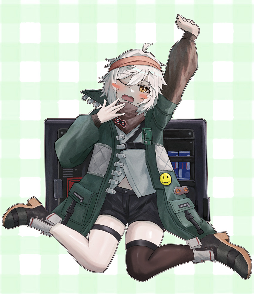 1girl, aazz226652, absurdres, ahoge, asymmetrical_legwear, bandana, black_shorts, brown_eyes