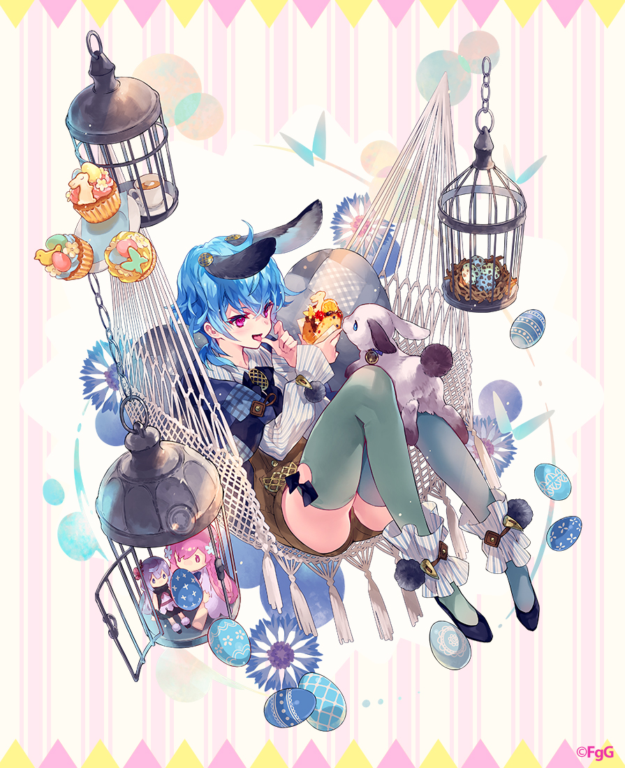 1girl, almace_(phantom_of_the_kill), animal, animal_ears, birdcage, black_footwear, blue_hair, cage