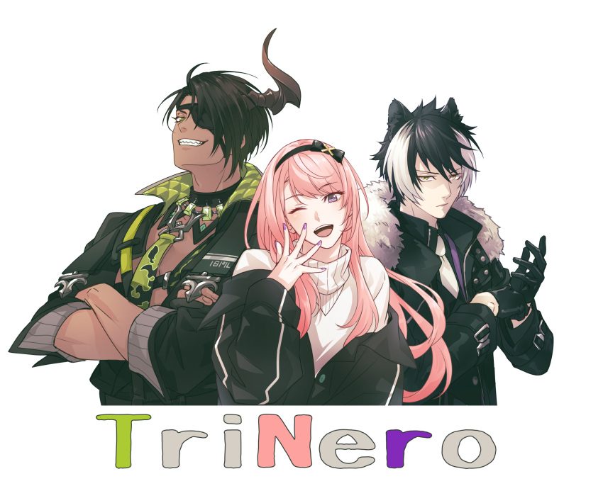 3boys, adjusting_clothes, adjusting_gloves, animal_ears, aragami_oga, aragami_oga_(1st_costume), black_bow, black_coat, black_collar, black_gloves, black_hair, black_hairband, black_jacket, black_shirt, black_vest, bow, bow_hairband, brown_horns, chest_guard, coat, collar, commentary_request, cropped_torso, crossed_arms, dark-skinned_male, dark_skin, eyelashes, eyepatch, fur-trimmed_coat, fur_trim, gloves, green_eyes, green_necktie, grin, group_name, hair_between_eyes, hairband, hand_up, high_collar, highres, holostars, horns, jackal_boy, jackal_ears, jacket, kageyama_shien, kageyama_shien_(1st_costume), long_hair, male_focus, multicolored_hair, multiple_boys, necktie, off_shoulder, one_eye_closed, open_clothes, open_mouth, open_shirt, otoko_no_ko, partially_fingerless_gloves, pink_hair, purple_nails, sharp_teeth, shirt, short_hair, simple_background, single_horn, smile, streaked_hair, sweater, teeth, trinero, tsukishita_kaoru, two-tone_hair, upper_teeth_only, ushi_424, vest, violet_eyes, virtual_youtuber, white_background, white_hair, white_necktie, white_sweater, yellow_eyes
