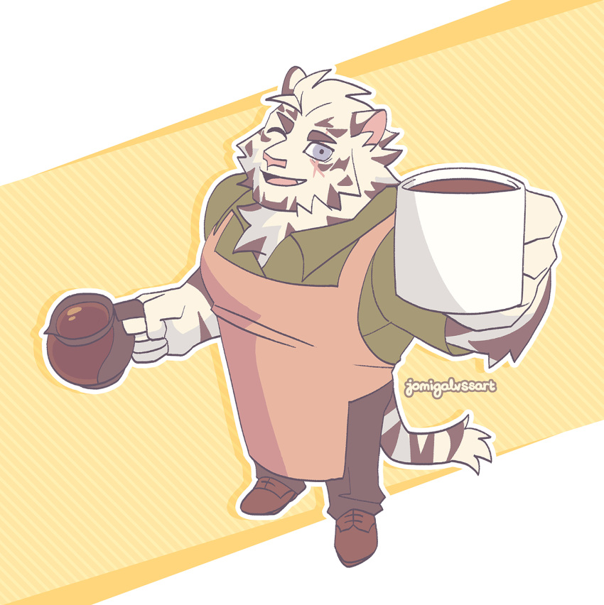 1boy, animal_ears, apron, arknights, artist_name, barista, black_pants, blue_eyes, brown_footwear, coffee, coffee_mug, coffee_pot, cross_scar, cup, english_commentary, fang, from_above, furry, furry_male, green_shirt, highres, holding, holding_cup, jomigalvssart, looking_at_viewer, looking_up, male_focus, mountain_(arknights), mug, one_eye_closed, open_mouth, pants, pink_apron, scar, scar_across_eye, scar_on_cheek, scar_on_face, shirt, smile, tail, tiger_boy, tiger_ears, tiger_stripes, tiger_tail