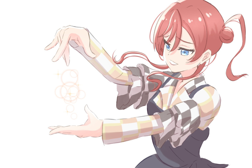 1girl, blue_eyes, checkered_clothes, checkered_shirt, collared_shirt, dress, grey_dress, grin