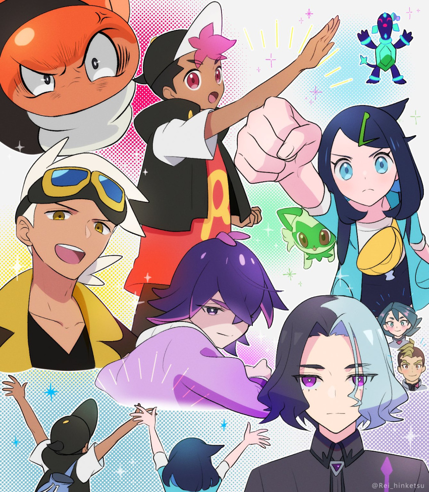 3girls, 4boys, :d, amethio_(pokemon), antenna_hair, arm_up, arms_up, black_hair