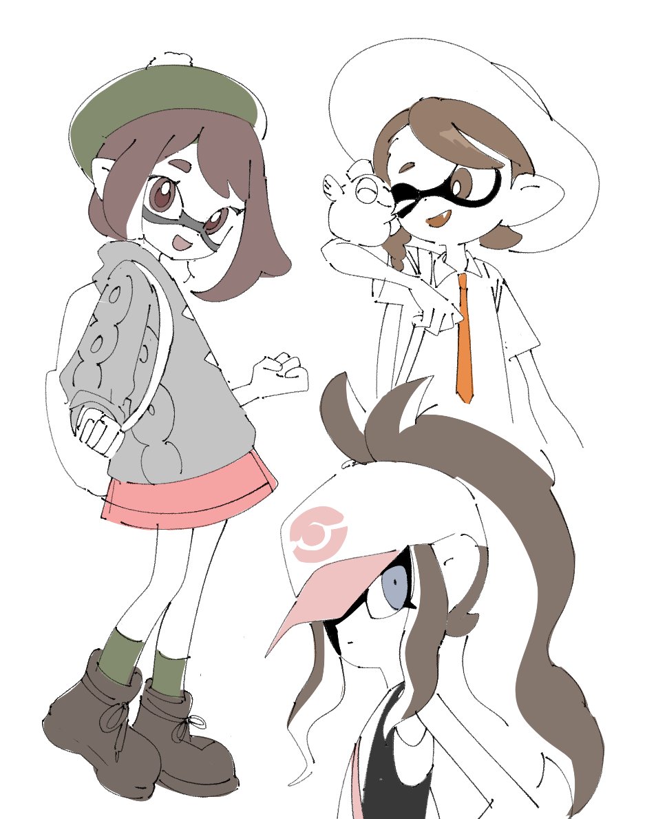 3girls, alternate_species, black_vest, boots, bright_pupils, brown_eyes, brown_footwear, brown_hair, cable_knit, cardigan, closed_mouth, collared_shirt, commentary_request, dress, gloria_(pokemon), green_hat, green_socks, grey_cardigan, grey_eyes, hat, hilda_(pokemon), inkling, juliana_(pokemon), korean_commentary, long_hair, long_sleeves, multiple_girls, necktie, orange_necktie, pokemon, pokemon_bw, pokemon_sv, pokemon_swsh, shirt, sidelocks, smallfry_(splatoon), socks, splatoon_(series), standing, tam_o'_shanter, vest, vpfjfevol, white_hat, white_pupils