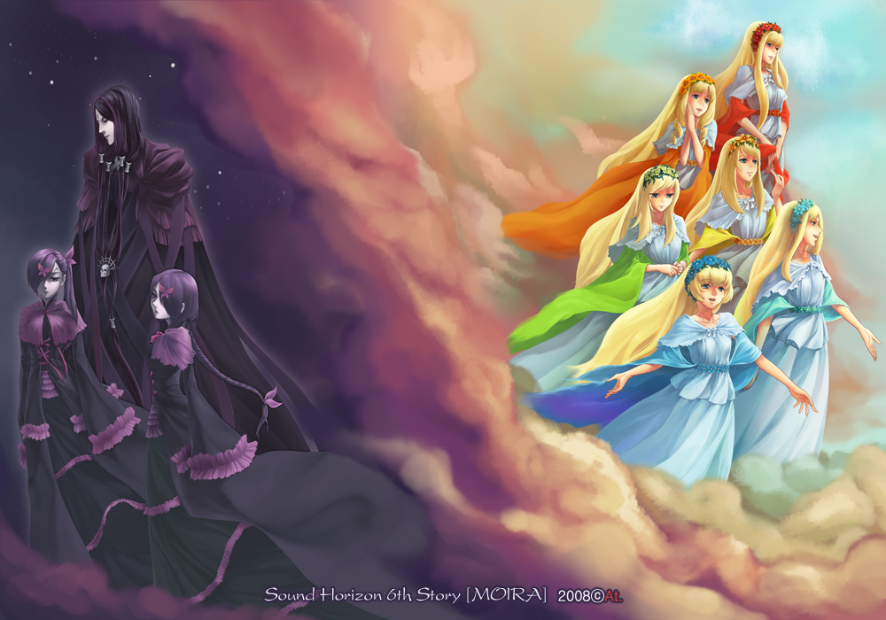 black_hair, blonde_hair, braid, contrast, doria, ionia, locria, long_dress, long_hair, lydia_(sound_horizon), moira, mu_(sound_horizon), multiple_girls, phi_(sound_horizon), phrygia, purple_hair, sound_horizon, thanatos_(sound_horizon), very_long_hair, yeruen